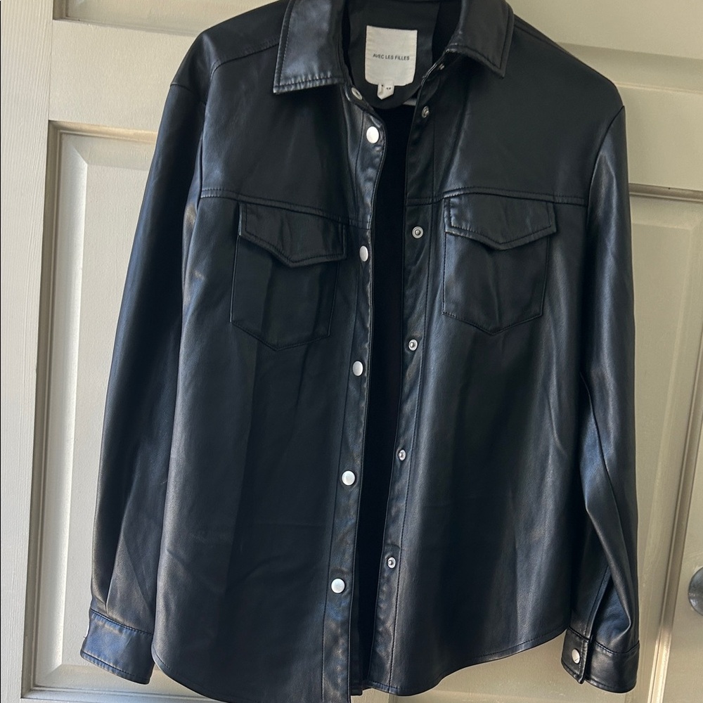 Avec Les Filles Black Leather Button-Down Shirt
